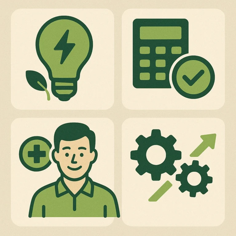 Ilustración conceptual de eficiencia energética, salud laboral, reducción de sanciones y productividad industrial.