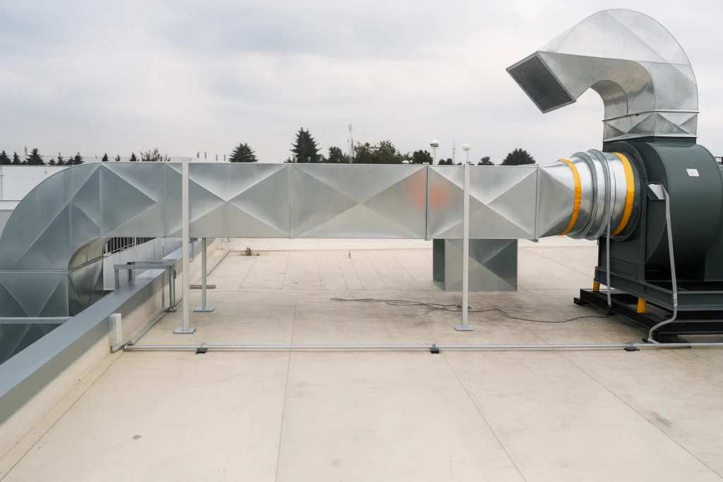 Ventilador centrífugo en azotea con ductería rectangular a redondo y codo de descarga