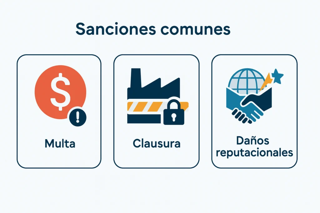 Infografía de sanciones comunes: multa, clausura y daños reputacionales