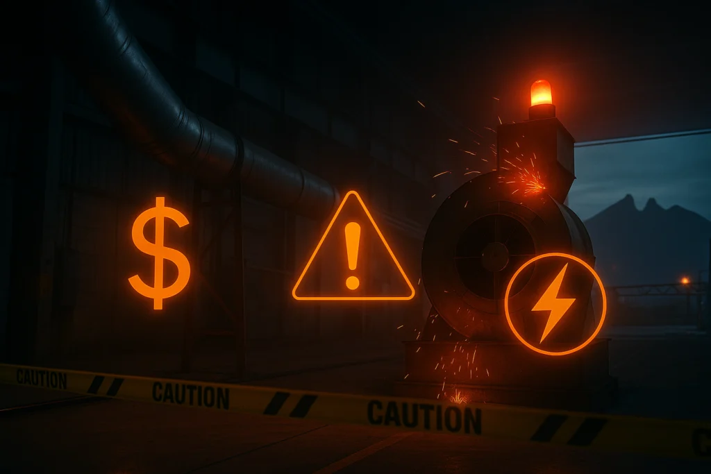 Ventilador industrial con iconos de costo, alerta y energía y cinta de precaución en estilo cinematográfico