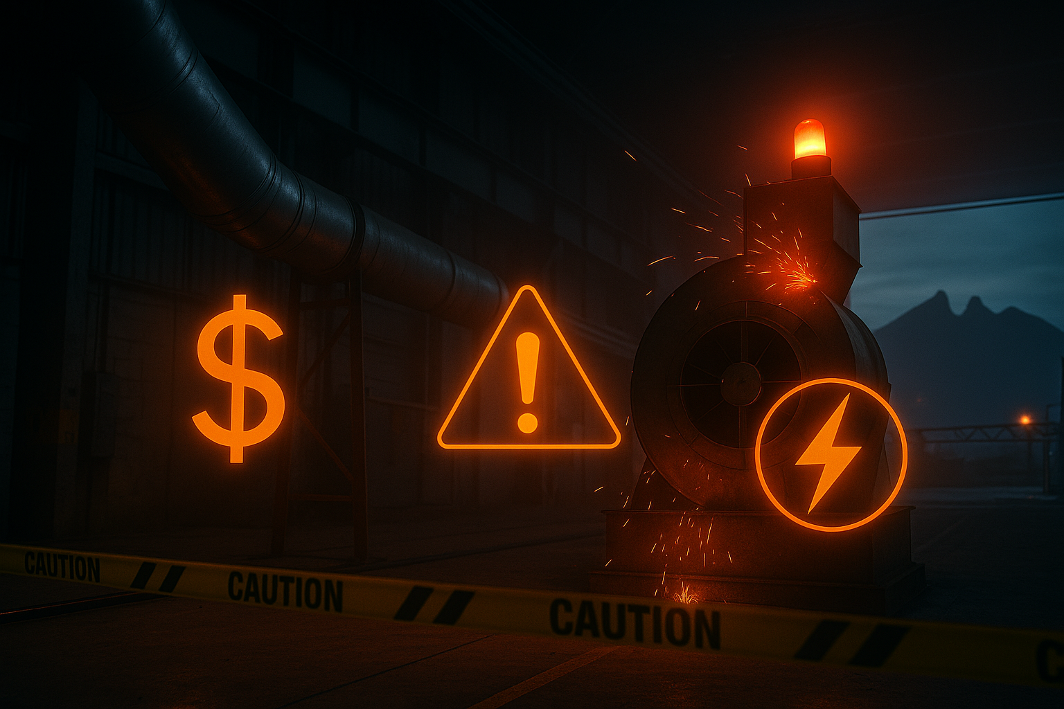 Ventilador industrial con iconos de costo, alerta y energía y cinta de precaución en estilo cinematográfico