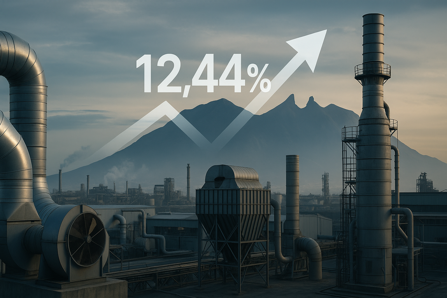 Planta industrial en Monterrey con gráfico ascendente y 12.44% sobre el Cerro
