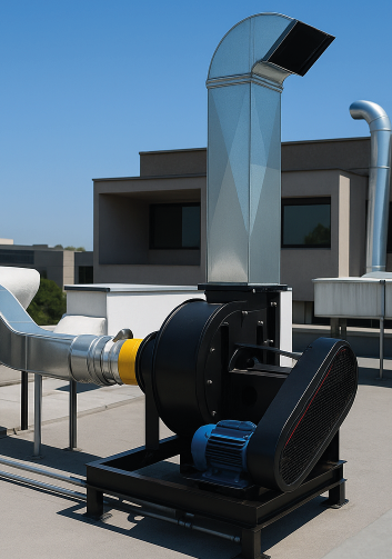 Extractor centrífugo con ductería en azotea industrial; ejemplo de ventilación deficiente y sobrecostos energéticos.
