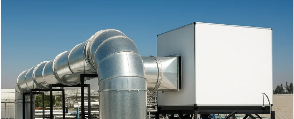 Ductería galvanizada en azotea conectada a unidad de manejo de aire industrial