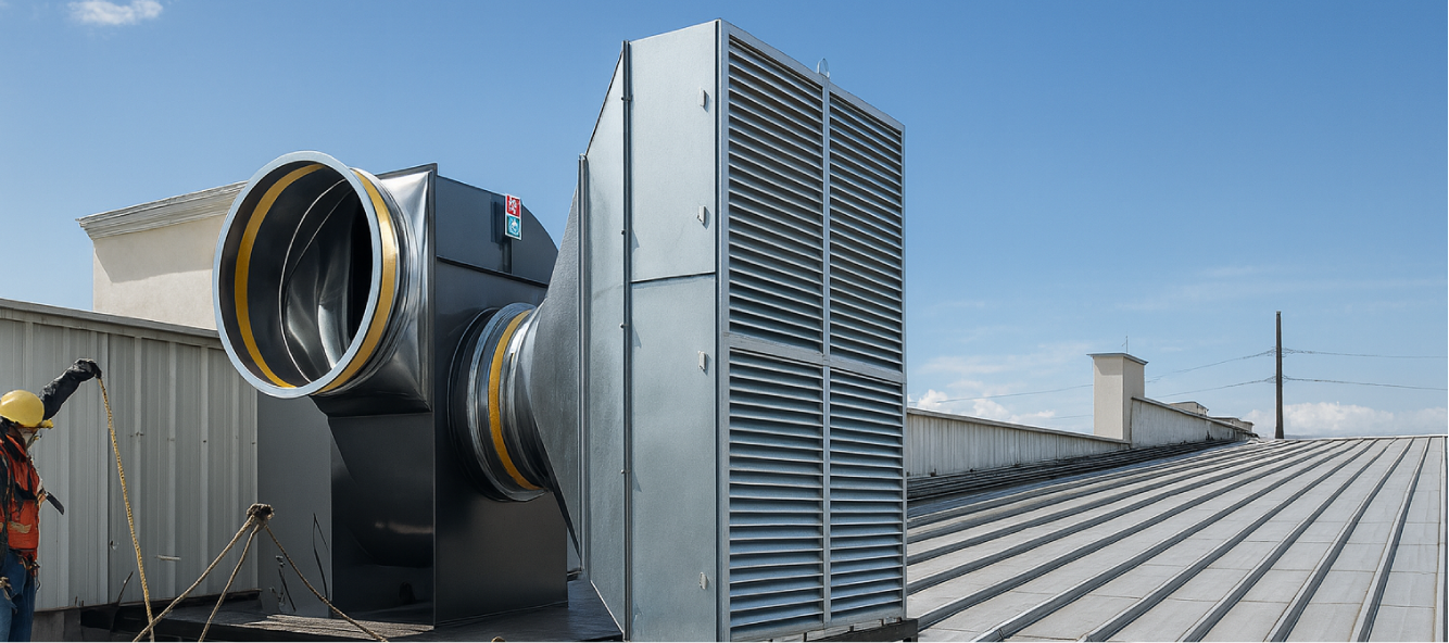 Rejilla de admisión con atenuador y transición conectada a ductería en azotea industrial