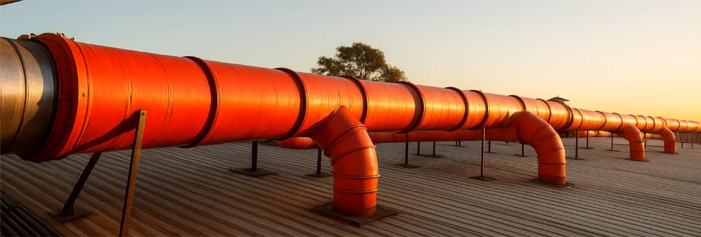 Ducto exterior naranja con codos y soportes metálicos sobre azotea industrial al atardecer