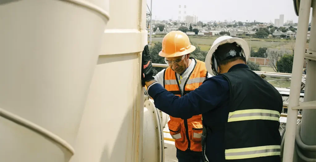 Ingenieros de MCAT inspeccionan un scrubber industrial para garantizar el cumplimiento de normas ambientales y eficiencia del sistema.
